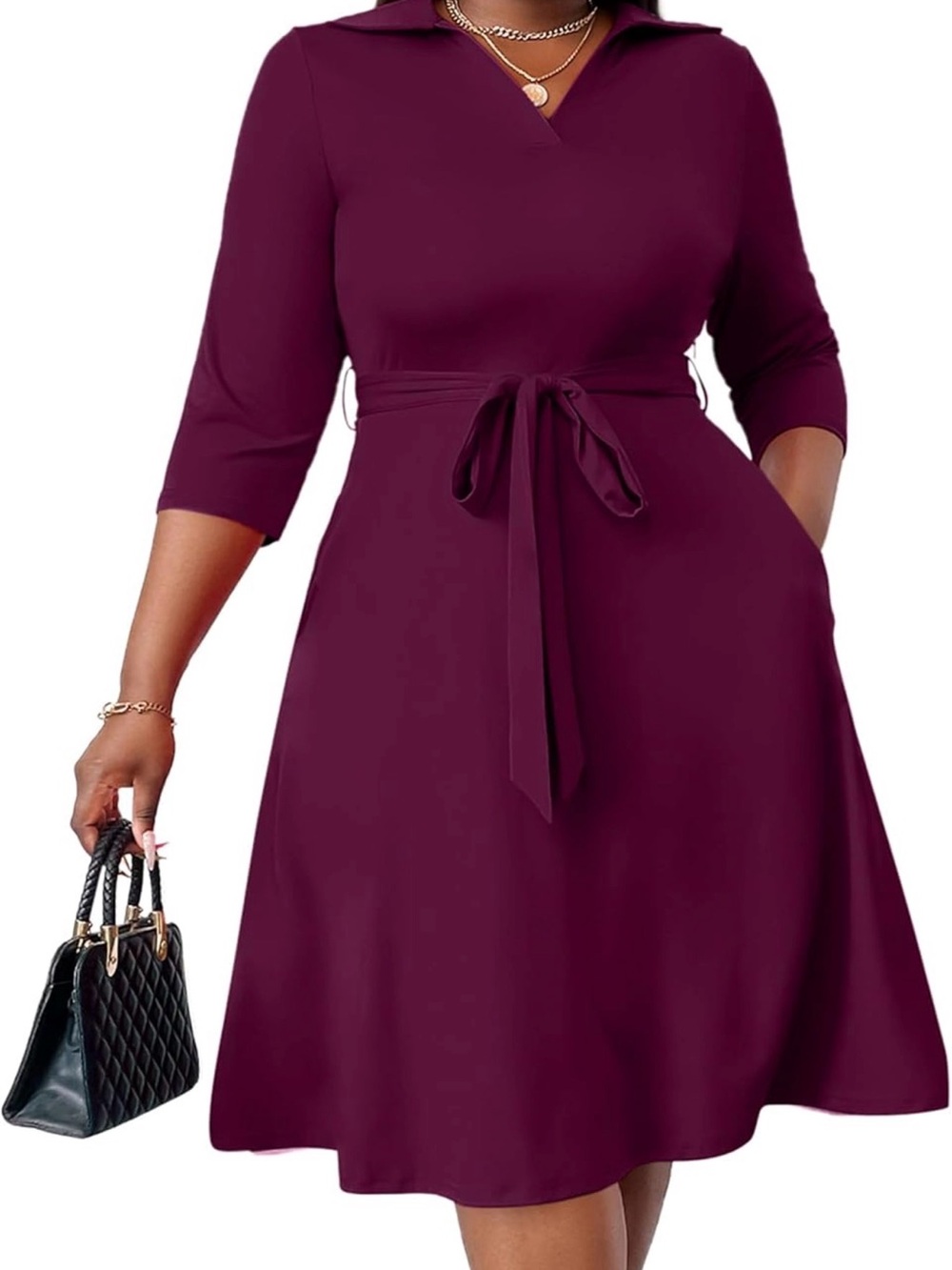 FANDEE Classic A-Line Burgundy Tie-Waist Dress